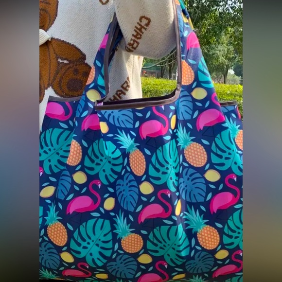 Pool Flamingo Tropical Hawaiian Pineapple Purse Print Leather Tote Bag
